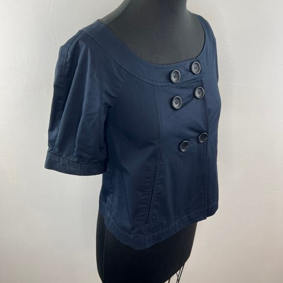 THEORY Navy Blue Short Sleeve Scoop Neck Button Jacket with Pockets Size 2 - Picture 5 of 11